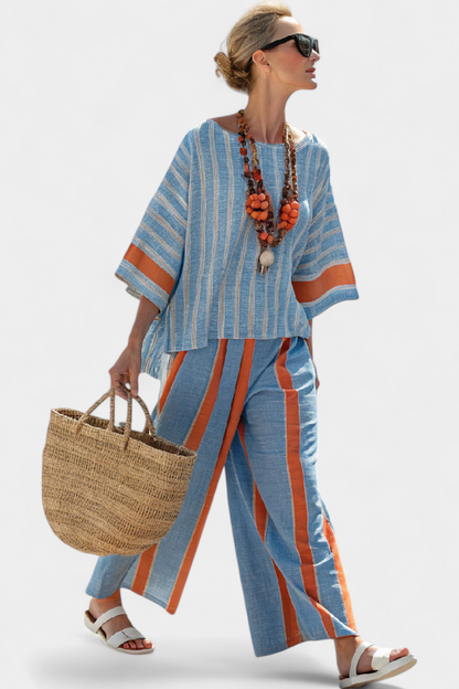 Meresa | Sophisticated striped top in terracotta and linen pants