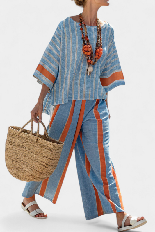Meresa | Sophisticated striped top in terracotta and linen pants