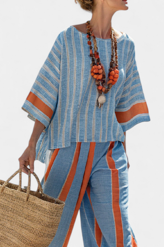 Meresa | Sophisticated striped top in terracotta and linen pants