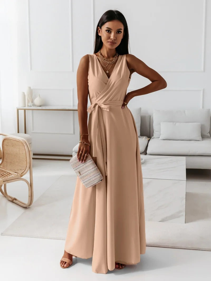 Aurea | Vestido maxi con cinturón y escote en V para mujer