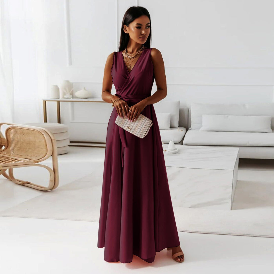 Aurea | Vestido maxi con cinturón y escote en V para mujer