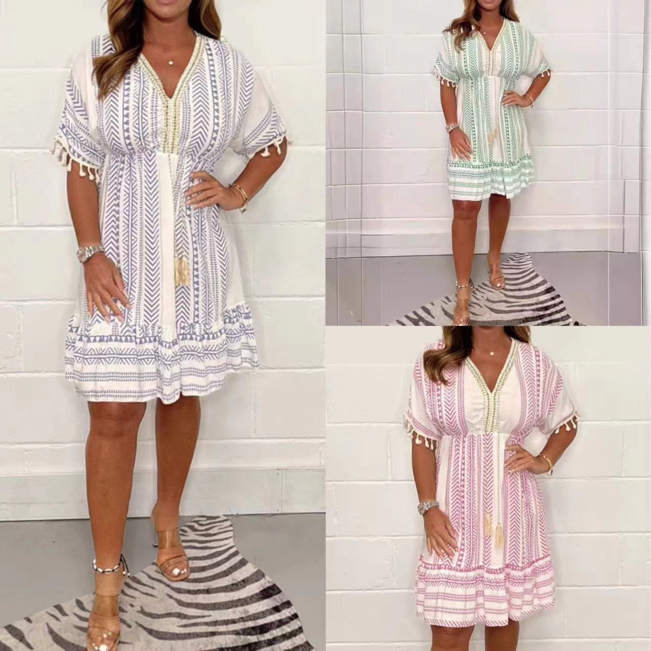Marina | Robe mini bohème pour femme avec col en V et pompons
