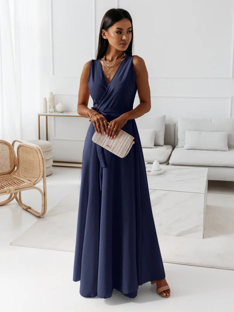 Aurea | Vestido maxi con cinturón y escote en V para mujer