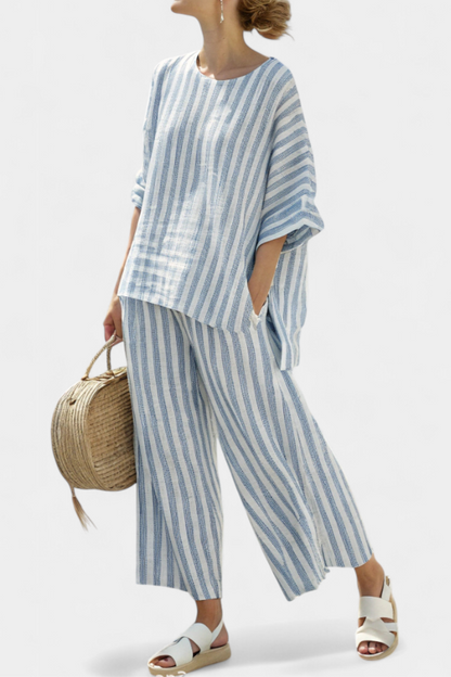 Leigh | Sophisticated blue striped linen top and baggy pants
