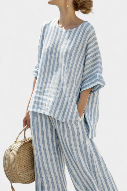 Leigh | Sophisticated blue striped linen top and baggy pants