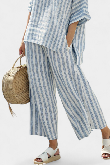 Leigh | Sophisticated blue striped linen top and baggy pants