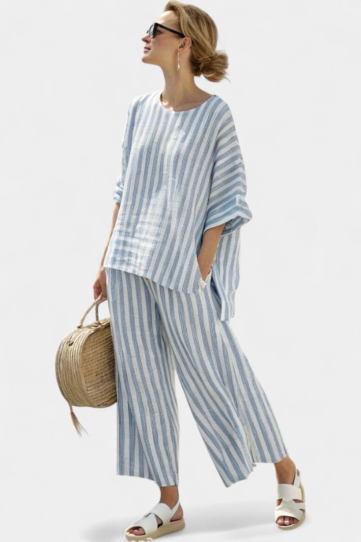 Leigh | Sophisticated blue striped linen top and baggy pants