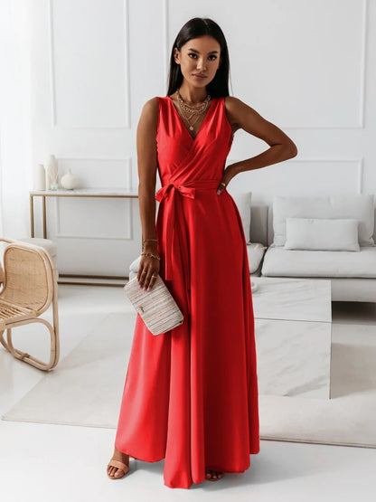 Aurea | Vestido maxi con cinturón y escote en V para mujer