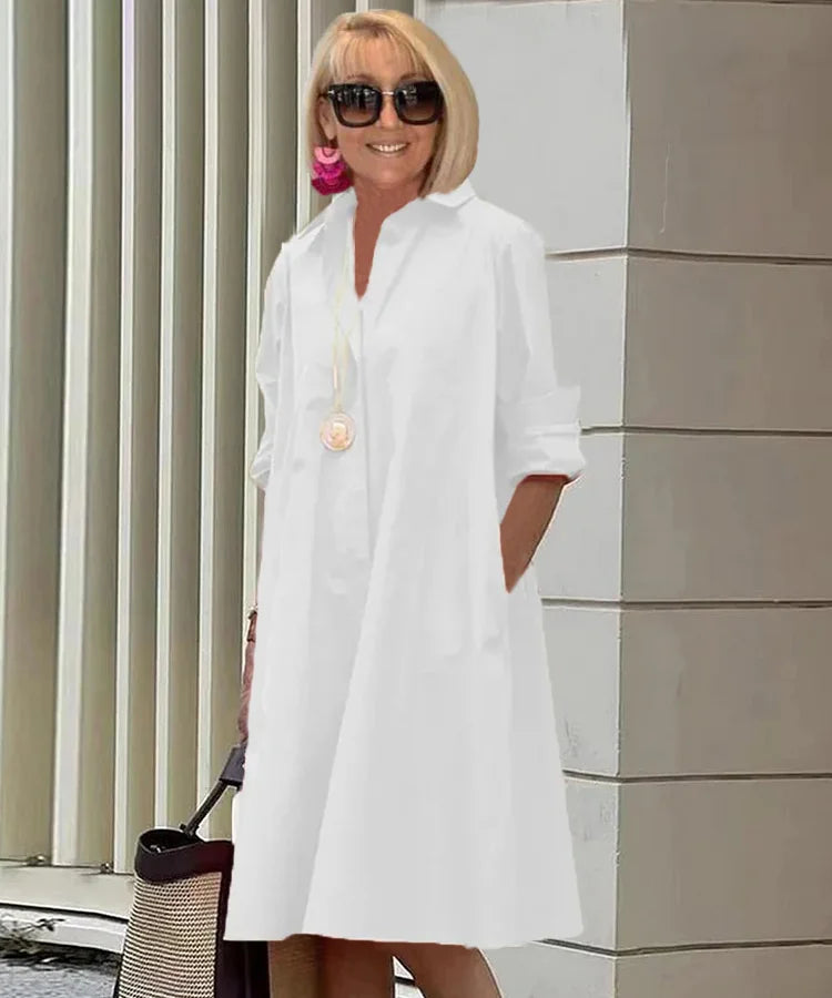 Teresa | Vestido midi con manga larga y corte suelto cuello camisero