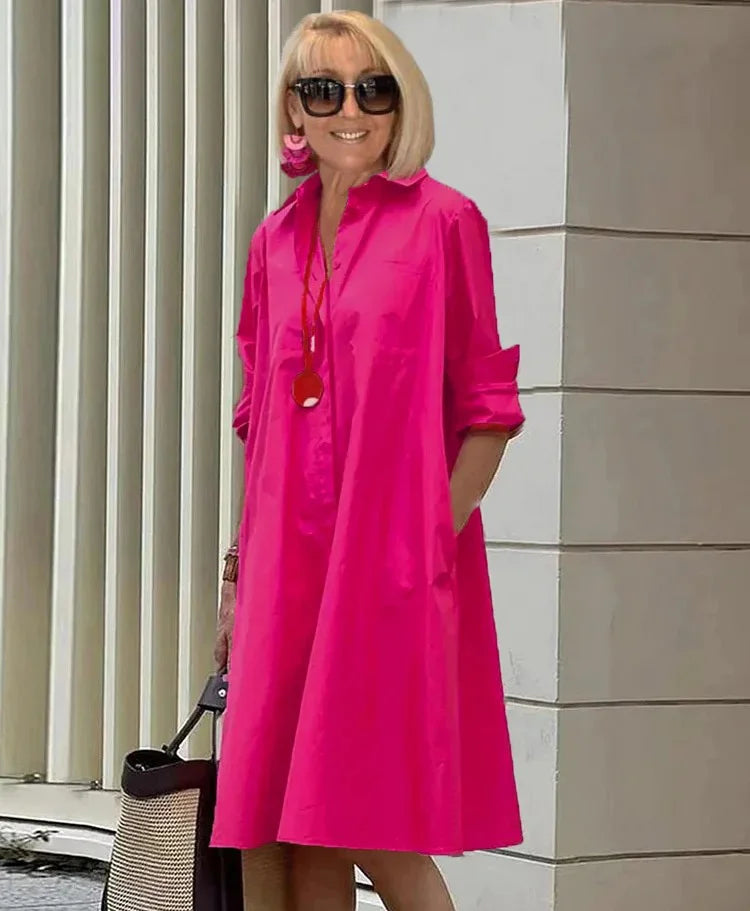 Teresa | Vestido midi con manga larga y corte suelto cuello camisero