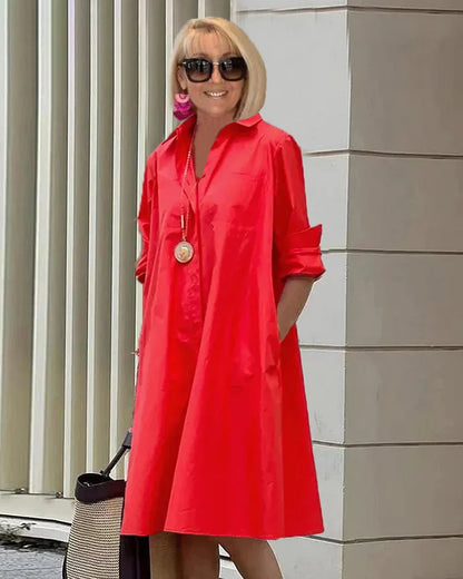Teresa | Vestido midi con manga larga y corte suelto cuello camisero