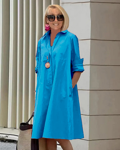 Teresa | Vestido midi con manga larga y corte suelto cuello camisero
