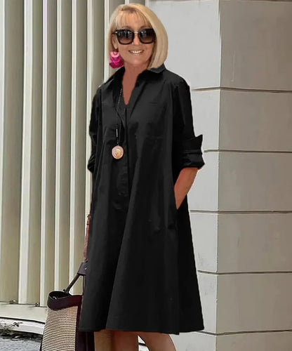 Teresa | Vestido midi con manga larga y corte suelto cuello camisero