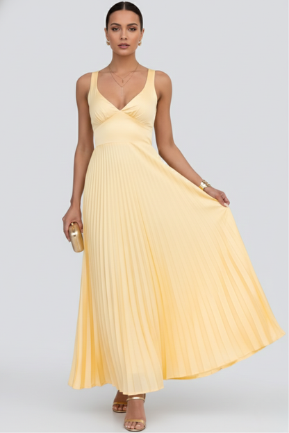 Alicia | Maxikleid für Damen mit V-Ausschnitt und plissiertem Rock