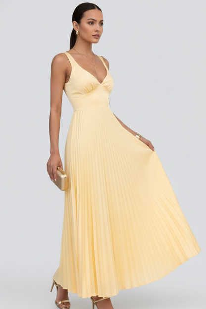 Alicia | Maxikleid für Damen mit V-Ausschnitt und plissiertem Rock