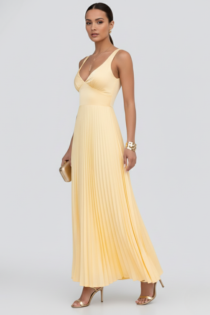 Alicia | Maxikleid für Damen mit V-Ausschnitt und plissiertem Rock