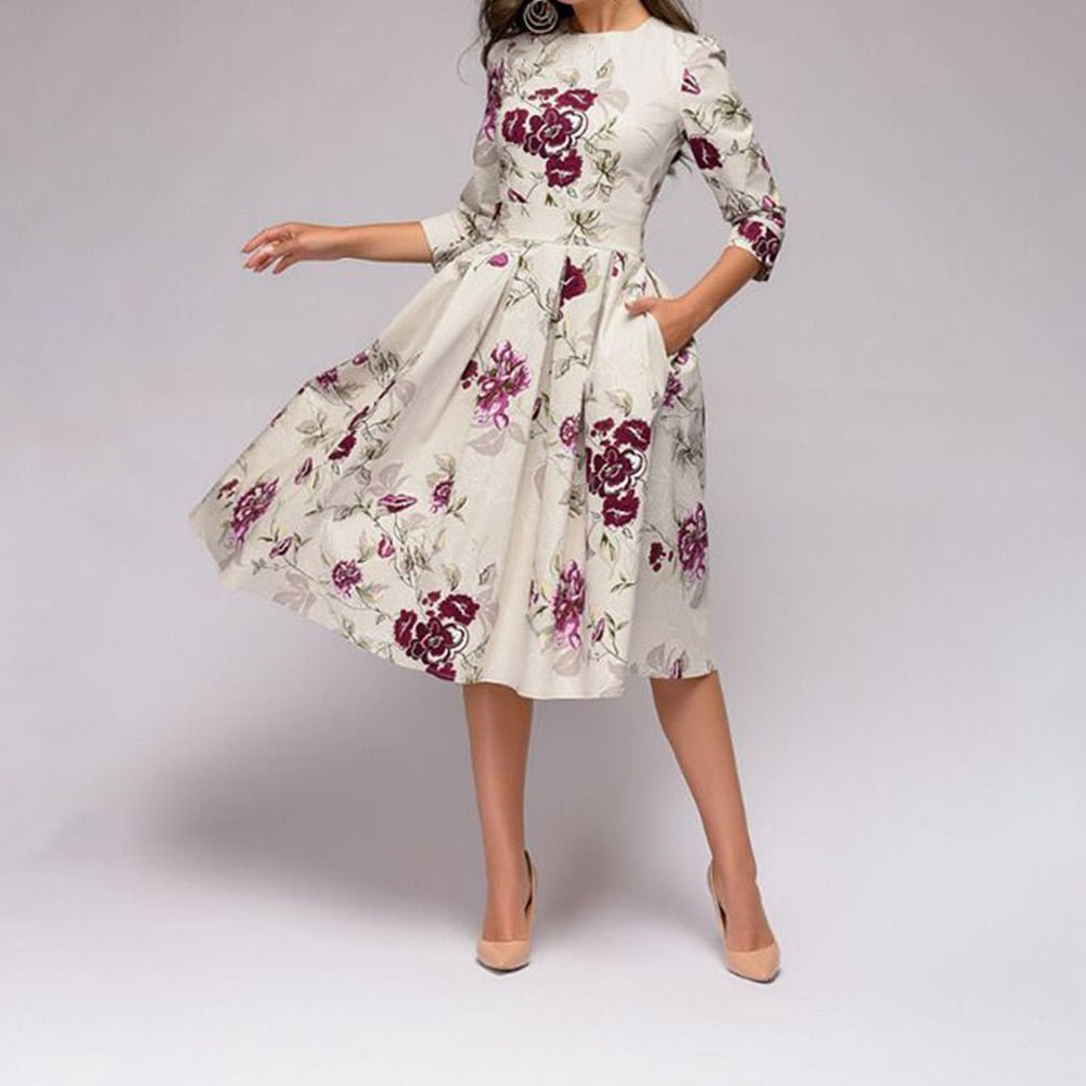Valeria | Vestido midi con estampado floral y cuello redondo