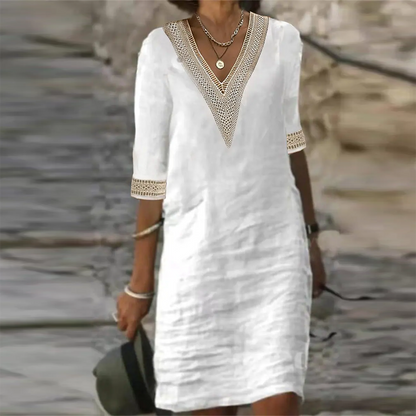 Mercedes | Elegantes Kleid mit V-Ausschnitt und Spitzenbesatz  