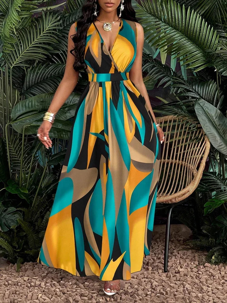 Paula | Women's maxi dress with V-neck and abstract print