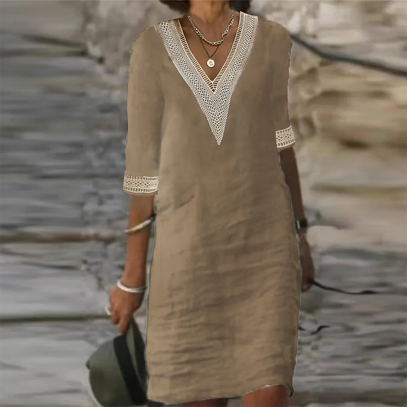 Mercedes | Elegantes Kleid mit V-Ausschnitt und Spitzenbesatz  