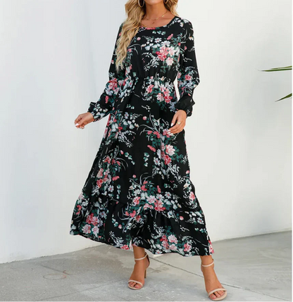 Abril | Maxikleid für Damen mit langen Ärmeln und sommerlichem Blumenmuster  