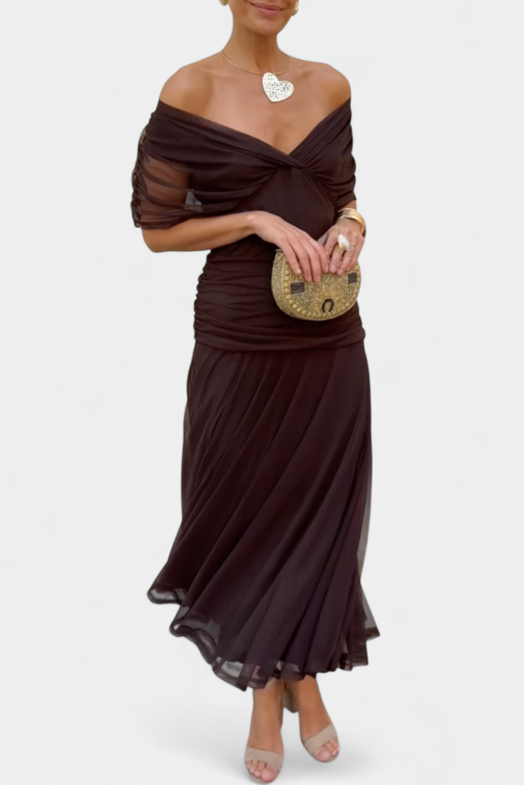 Iselina | Langes, gerafftes Damenkleid mit V-Ausschnitt, elegant | Fließend  