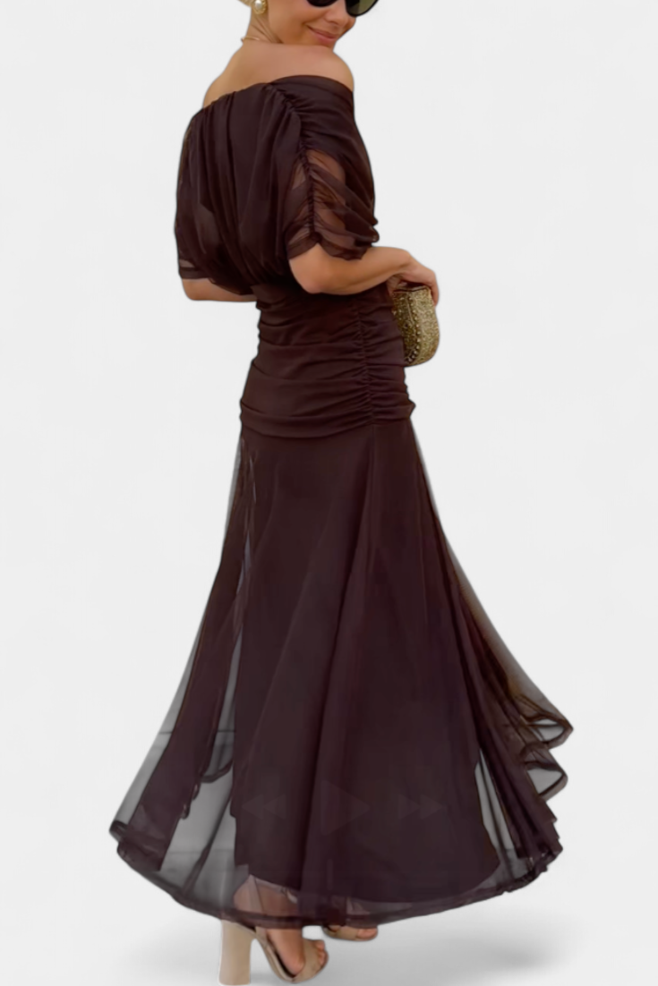 Iselina | Langes, gerafftes Damenkleid mit V-Ausschnitt, elegant | Fließend  
