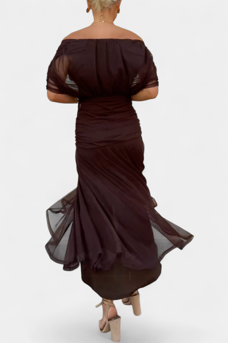 Iselina | Langes, gerafftes Damenkleid mit V-Ausschnitt, elegant | Fließend  