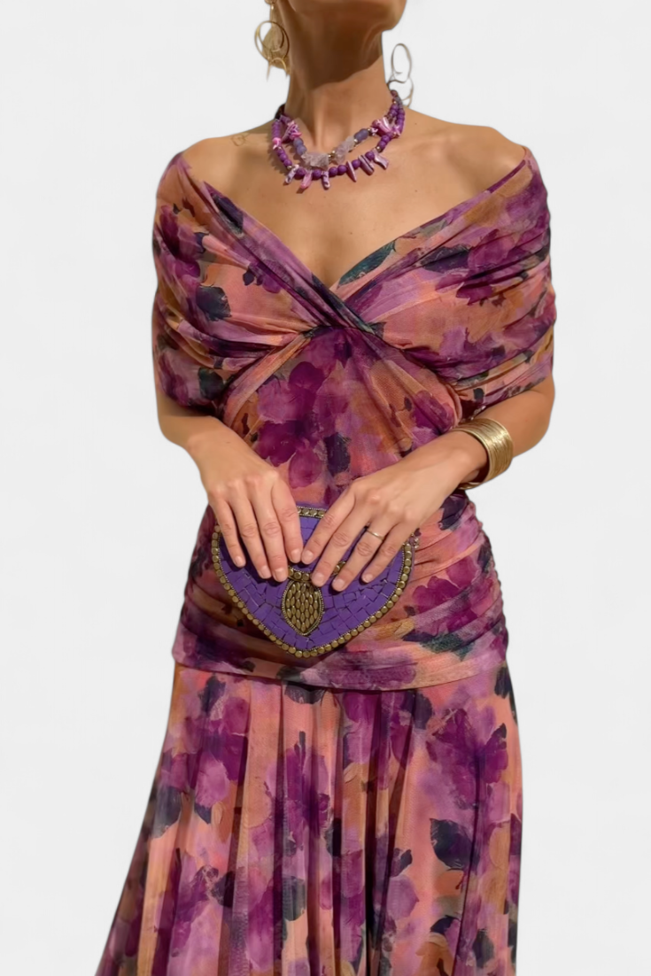 Iselina | Langes, gerafftes Damenkleid mit V-Ausschnitt, elegant | Fließend  