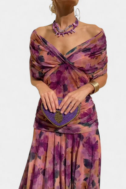 Iselina | Langes, gerafftes Damenkleid mit V-Ausschnitt, elegant | Fließend  