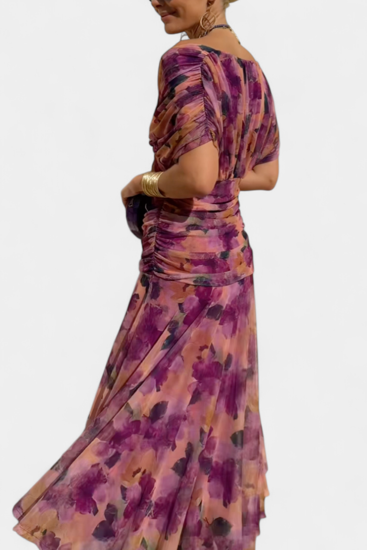 Iselina | Langes, gerafftes Damenkleid mit V-Ausschnitt, elegant | Fließend  