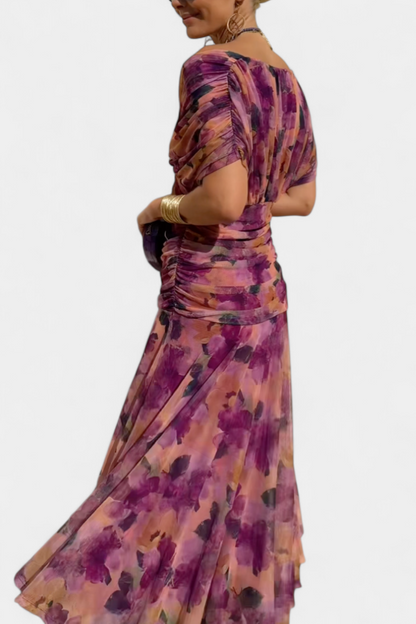Iselina | Langes, gerafftes Damenkleid mit V-Ausschnitt, elegant | Fließend  