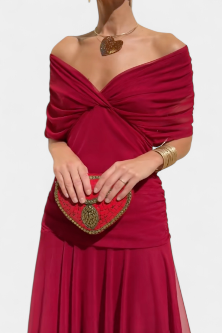 Iselina | Langes, gerafftes Damenkleid mit V-Ausschnitt, elegant | Fließend  