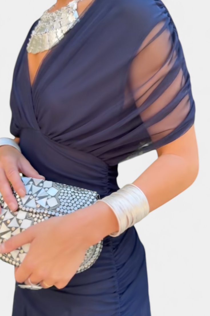 Iselina | Langes, gerafftes Damenkleid mit V-Ausschnitt, elegant | Fließend  