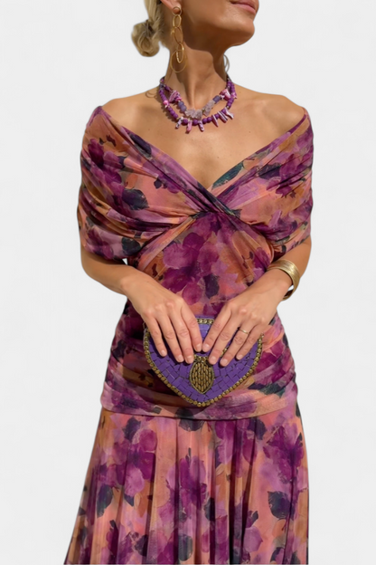 Iselina | Langes, gerafftes Damenkleid mit V-Ausschnitt, elegant | Fließend  