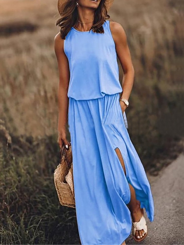 Kariela | Elegantes Damen-Maxikleid mit seitlichem Schlitz | Ärmellos