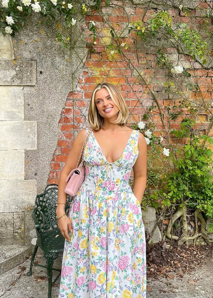 Nieves | Midikleid für Damen mit Blumenmuster und V-Ausschnitt  