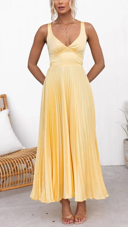 Berenguela | Plissiertes Maxikleid für Damen mit V-Ausschnitt