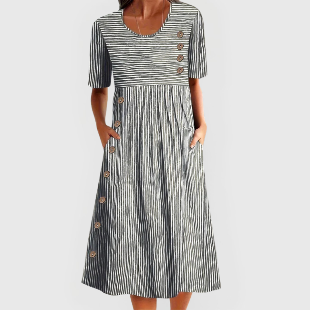 Carmen | Women's striped midi dress with decorative buttons