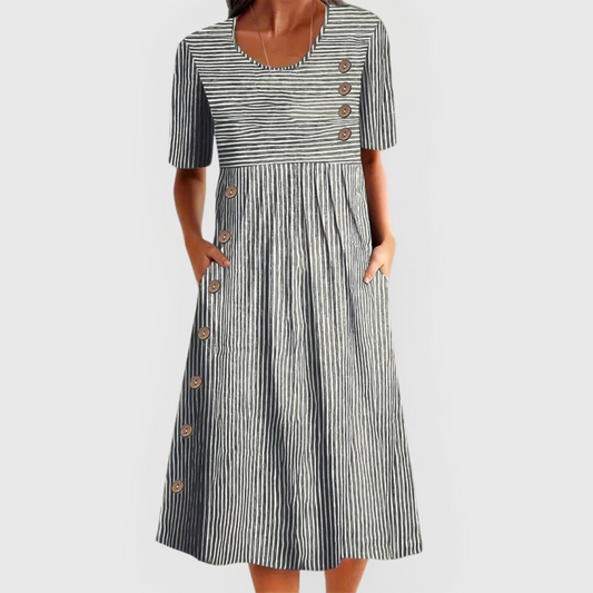 Carmen | Damen-Midikleid mit Streifen und dekorativen Knöpfen  