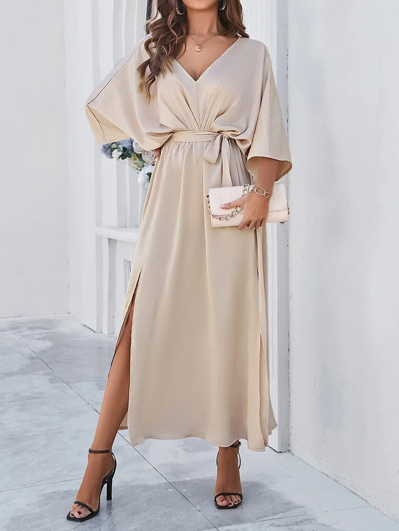 Esmeralda | Mujer vestido maxi con escote en V y abertura lateral suelto