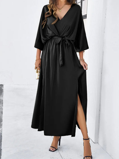 Esmeralda | Mujer vestido maxi con escote en V y abertura lateral suelto