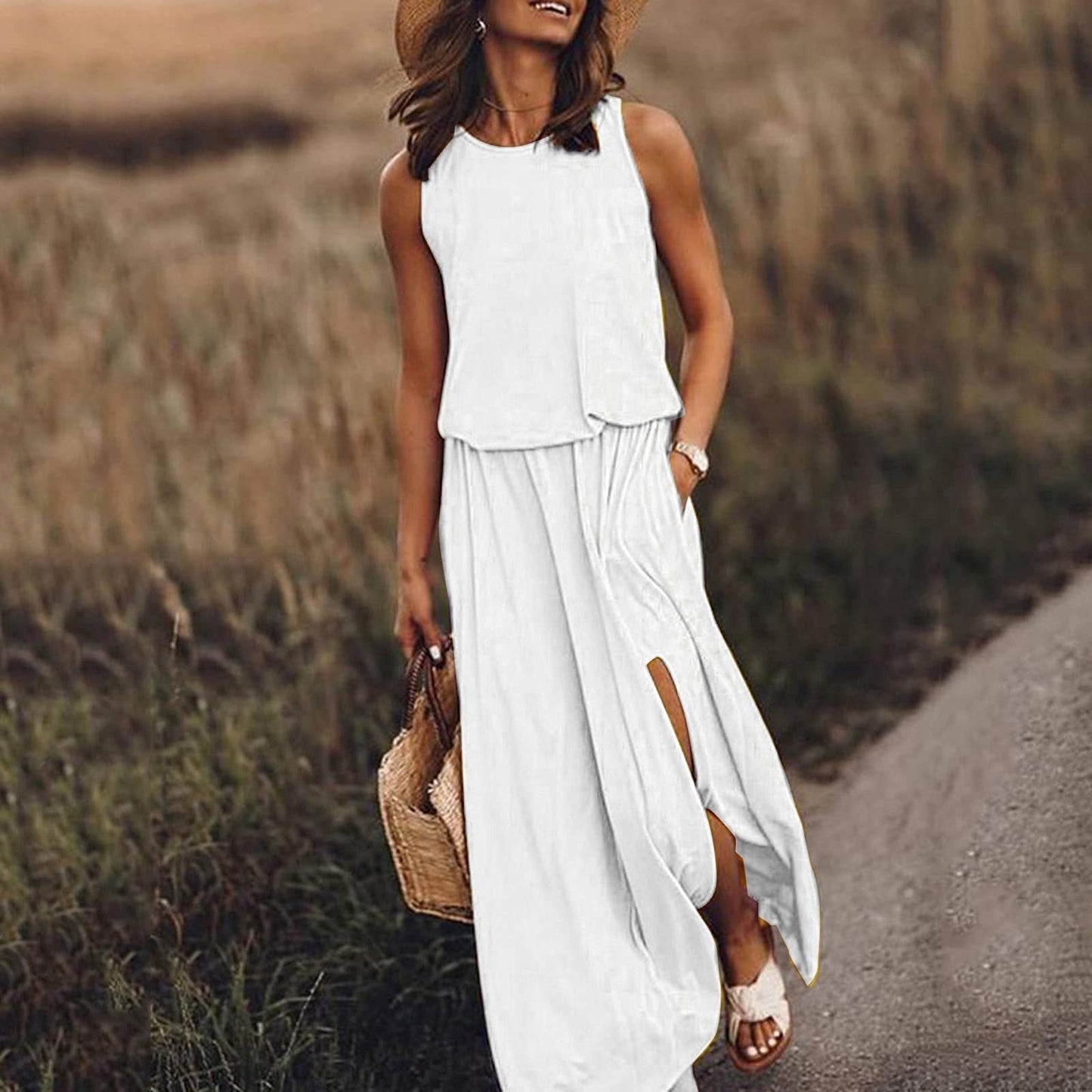 Kariela | Elegantes Damen-Maxikleid mit seitlichem Schlitz | Ärmellos