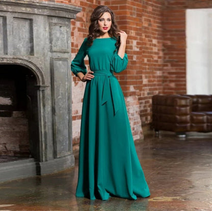 Zelmira | Elegantes langes Kleid für Damen mit Stoffgürtel  