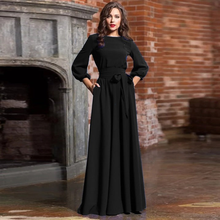 Zelmira | Elegantes langes Kleid für Damen mit Stoffgürtel  