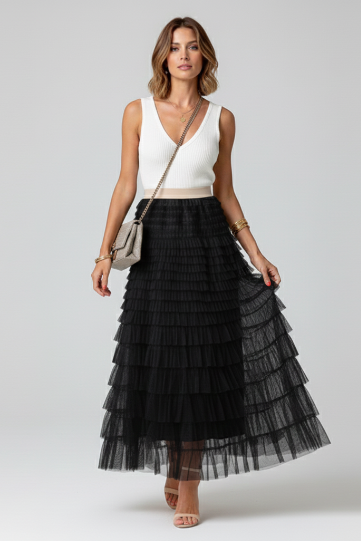 Teresa | Women's layered tulle midi skirt with elastic waist