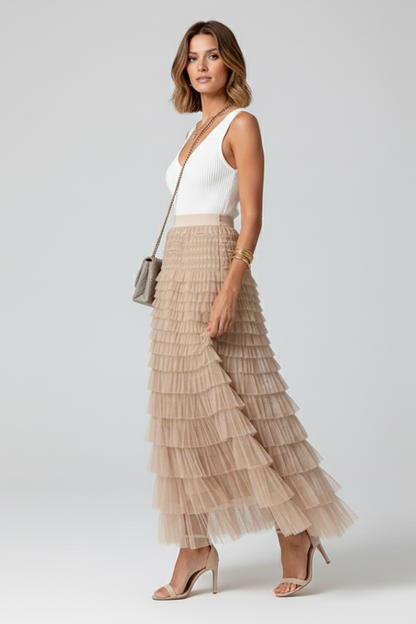 Teresa | Women's layered tulle midi skirt with elastic waist