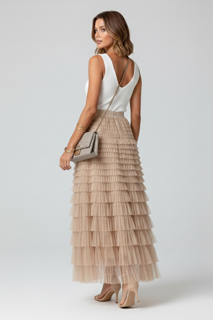 Teresa | Women's layered tulle midi skirt with elastic waist