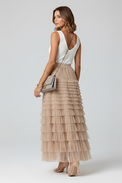 Teresa | Women's layered tulle midi skirt with elastic waist