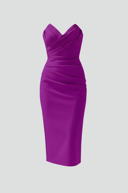 Silvia | Vestido midi de mujer sin tirantes con detalle fruncido